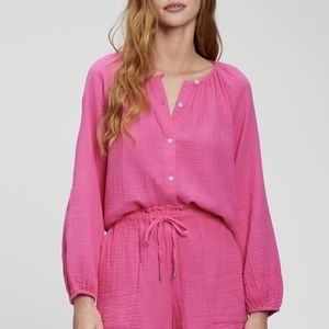 Gap blouse Crinkle Gauze Boatneck Button-Front Top cotton hot pink Large